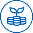 Blue icon depicting a small plant growing from a stack of coins, encircled by a blue outline. Blue icon depicting a small plant growing from a stack of coins, encircled by a blue outline.