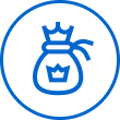 A blue outlined circle with an icon of a money bag featuring a crown symbol inside it.