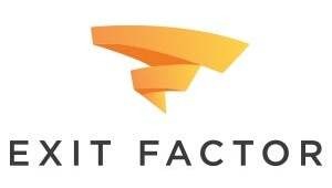 Logo of Exit Factor with an abstract orange swirl design above the text.