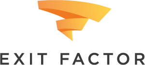 Logo of Exit Factor with an abstract orange swirl design above the text.